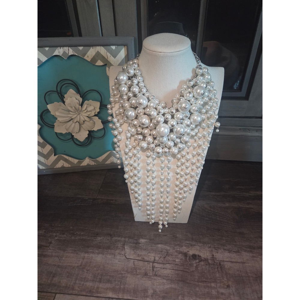 Vintage Faux Pearl Statement Bib Necklace Waterfall Fringe Cluster Silver Tone